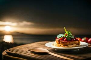 le nourriture est servi sur une en bois table avec une en bois cuillère. généré par ai photo