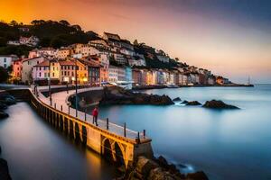 le le coucher du soleil plus de le mer et bâtiments dans France. généré par ai photo