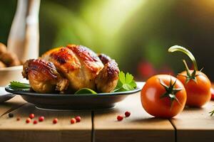 une poulet sur une assiette avec tomates et herbes. généré par ai photo