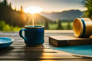 une tasse de café et une assiette de nourriture sur une table dans le montagnes. généré par ai photo