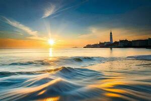 le Soleil monte plus de le l'eau et une ville. généré par ai photo