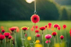 une Collier pendaison de une fleur dans une champ. généré par ai photo