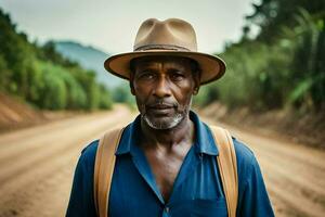 une homme portant une chapeau des stands sur une saleté route. généré par ai photo