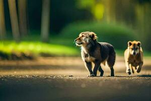 deux chiens en marchant sur une saleté route dans le forêt. généré par ai photo