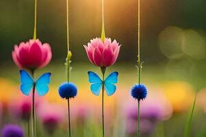 papillons sur fleurs dans le champ. généré par ai photo