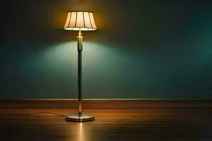 une lampe sur une en bois sol dans une foncé chambre. généré par ai photo