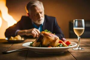 un plus âgée homme séance à une table avec une assiette de aliments. généré par ai photo