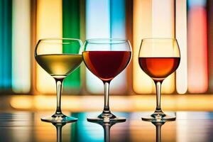 Trois des lunettes de du vin sont montré dans de face de une coloré Contexte. généré par ai photo