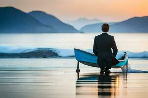 une homme dans une costume séance dans une bateau sur le plage. généré par ai photo