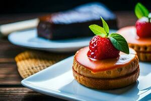 deux petit Gâteaux avec des fraises sur Haut. généré par ai photo