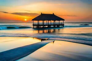 une belvédère sur le plage à le coucher du soleil. généré par ai photo