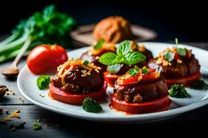 une assiette de Boulettes de viande avec tomates et herbes. généré par ai photo