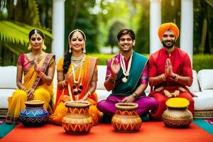 Indien mariage fête avec tambours. généré par ai photo