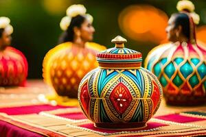 coloré des vases sur une table avec gens séance autour eux. généré par ai photo