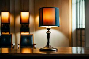 une lampe sur une table dans une Hôtel chambre. généré par ai photo