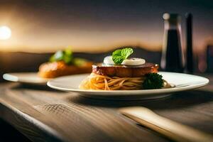 une assiette de spaghetti et Viande sur une tableau. généré par ai photo