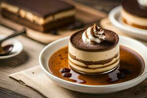 une dessert avec Chocolat et fouetté crème sur Haut. généré par ai photo