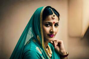 une magnifique Indien femme dans une traditionnel sari. généré par ai photo