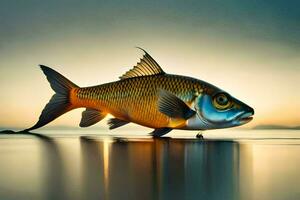 une poisson est permanent sur le plage à le coucher du soleil. généré par ai photo