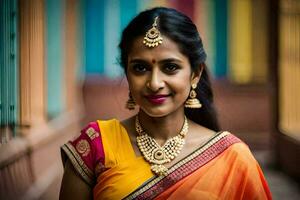 une femme dans un Orange sari avec or bijoux. généré par ai photo