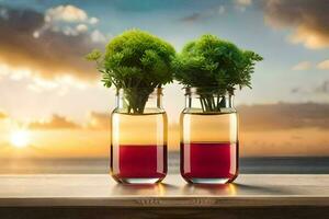 deux verre bouteilles avec les plantes dans leur sur une tableau. généré par ai photo