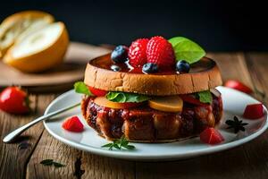 une Hamburger avec baies et des fraises sur une plaque. généré par ai photo