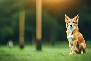 une chien séance dans le herbe avec le Soleil dans le Contexte. généré par ai photo