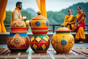 une couple est séance sur le sol suivant à coloré vases. généré par ai photo