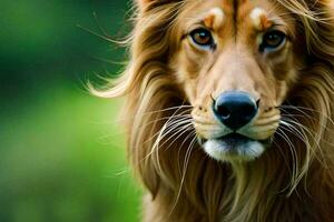 une proche en haut de une Lion avec longue cheveux. généré par ai photo