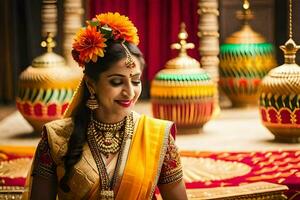 une magnifique Indien la mariée dans traditionnel tenue. généré par ai photo