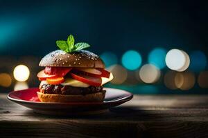 Hamburger sur une assiette avec une lumière Contexte. généré par ai photo