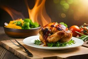 une assiette de nourriture avec une poulet sur il. généré par ai photo