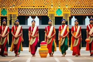 une groupe de Indien danseurs dans traditionnel tenue. généré par ai photo