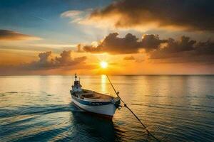 une bateau dans le océan à le coucher du soleil. généré par ai photo