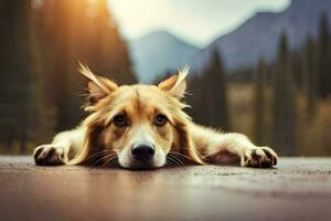 une chien pose sur le sol dans de face de une Montagne. généré par ai photo