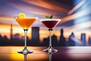 deux des cocktails sur une table avec une paysage urbain dans le Contexte. généré par ai photo