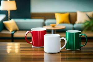 Trois café des tasses sur une en bois tableau. généré par ai photo