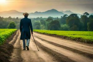 une homme dans une costume des promenades vers le bas une saleté route. généré par ai photo