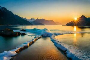 le coucher du soleil plus de le océan et montagnes. généré par ai photo