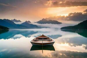 une bateau est assis sur le calme l'eau de une lac. généré par ai photo