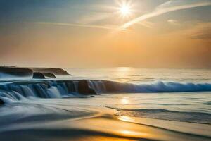 le Soleil monte plus de le océan et vagues s'écraser dans le rive. généré par ai photo