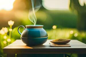 une tasse de thé sur une table dans le jardin. généré par ai photo