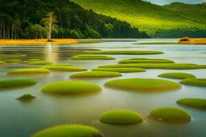 une Lac avec vert algues dans le milieu. généré par ai photo