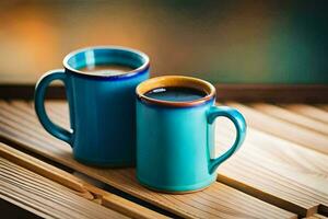 deux café des tasses sur une en bois tableau. généré par ai photo