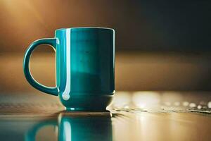 une bleu café tasse séance sur une en bois tableau. généré par ai photo