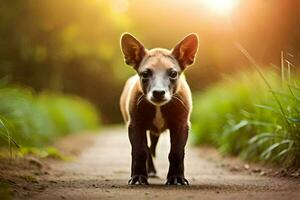 une petit chien en marchant sur une saleté route. généré par ai photo