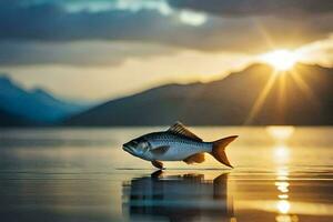 une poisson est permanent sur le l'eau à le coucher du soleil. généré par ai photo