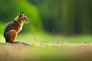 une Renard séance sur une Roche dans le milieu de une champ. généré par ai photo