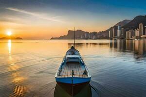 une bateau est flottant dans le l'eau à le coucher du soleil. généré par ai photo