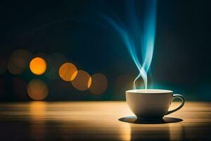 une tasse de café sur une table avec une lumière. généré par ai photo